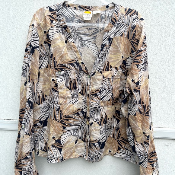 C&C California Linen Top Women XL Leaf Print Neutral Multi Button Front Resort - Picture 3 of 15